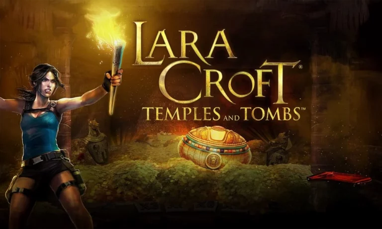 Lara Croft: Temples and Tombs slot art with explorer, temple and treasure icons, showcasing adventure theme with jackpots