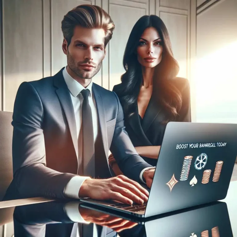 Online casino deposit bonus promotion banner with chips and cards.