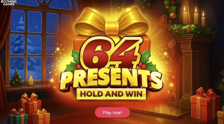 64 Presents Hold and Win Christmas slot by Booming Games with expanding grid and holiday bonuses