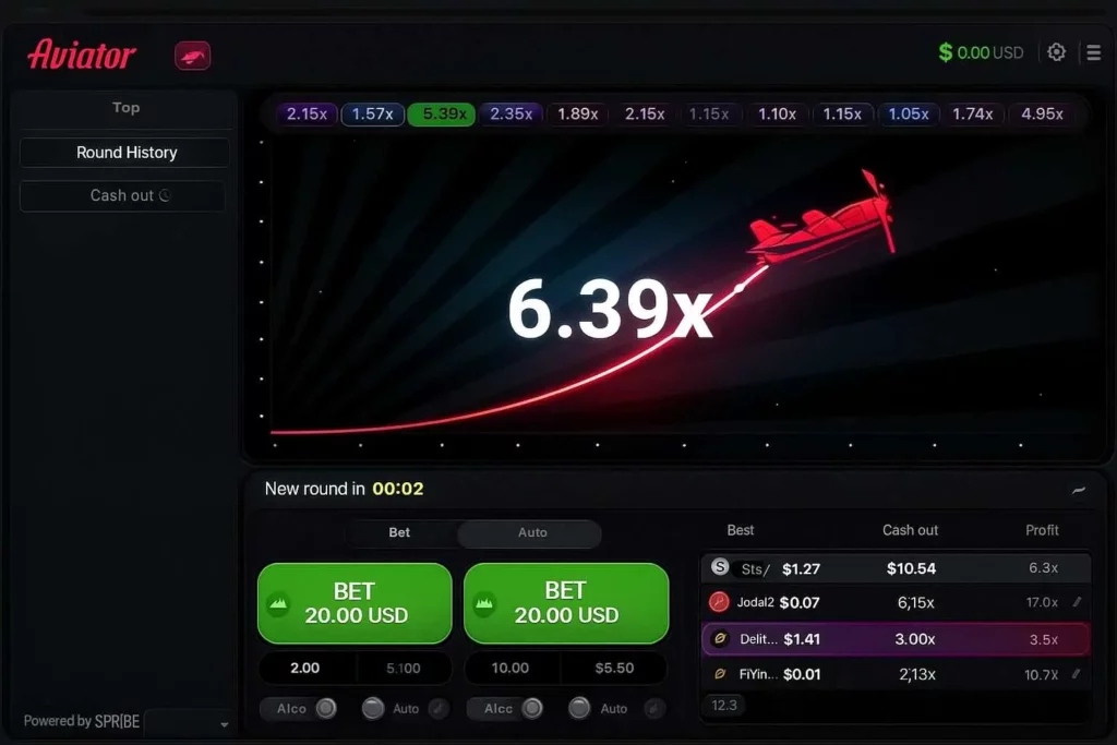 Aviator game interface showing the plane flying with multiplier increasing.