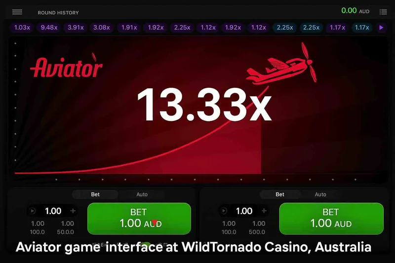 Aviator game interface at WildTornado Casino, Australia