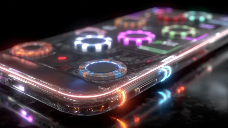 Poker chips and a mobile phone displaying a poker app