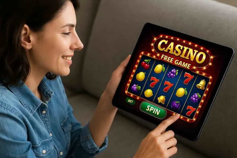 Ženski igralec igra brezplačno igro v igralnici na tabličnem računalniku