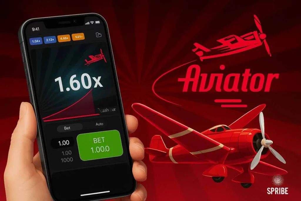 Aviator game interface on a mobile phone showing the plane taking off