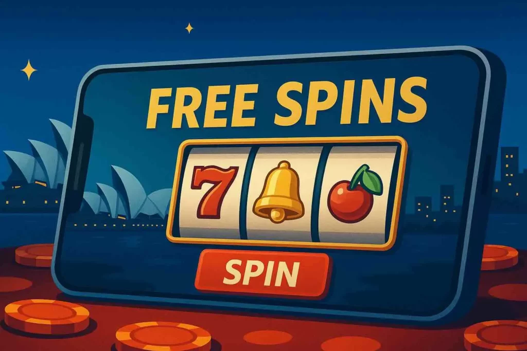 Mobile phone displaying free spins on a slot game in Australia