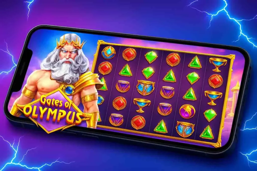 Gates of Olympus pokie on a mobile phone screen