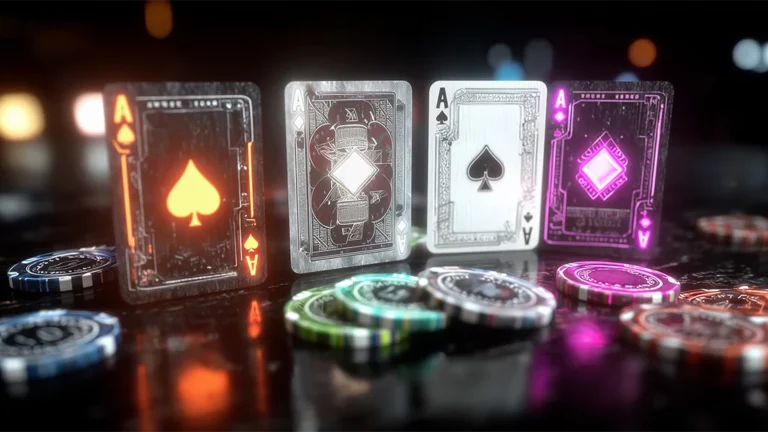 Crypto poker chips and cards on a gaming table.