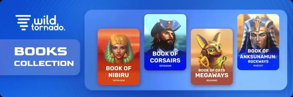 The Books Collection at WildTornado featuring Book of Alice, Book of Aphrodite, and more exciting slots with big rewards.