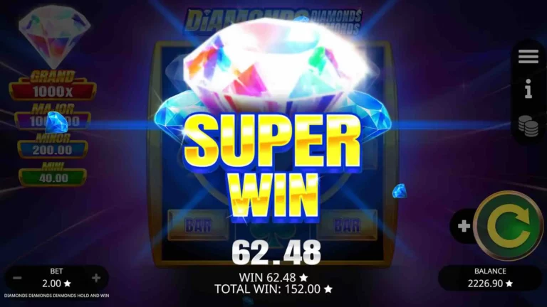 Diamonds Diamonds Diamonds: Hold and Win slot game with sparkling gems and jackpots at WildTornado.