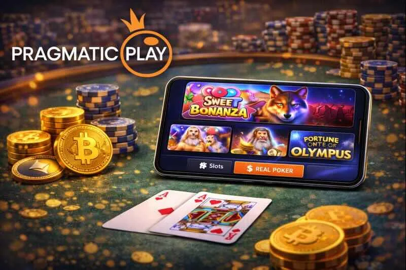 Pragmatic Play pokies on a mobile device, showcasing online poker with crypto potential.