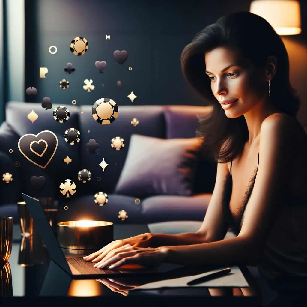 Enthusiastic Aussie wearing headphones smiles while playing online casino game on laptop at home