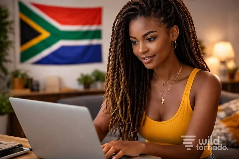 Online slots reels spinning with South African Rand symbols.