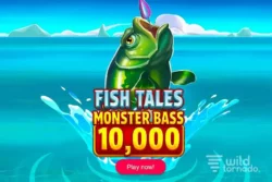 Fish Tales Monster Bass 10,000 slot game logo with a monster bass jumping out of the water by Booming Games.