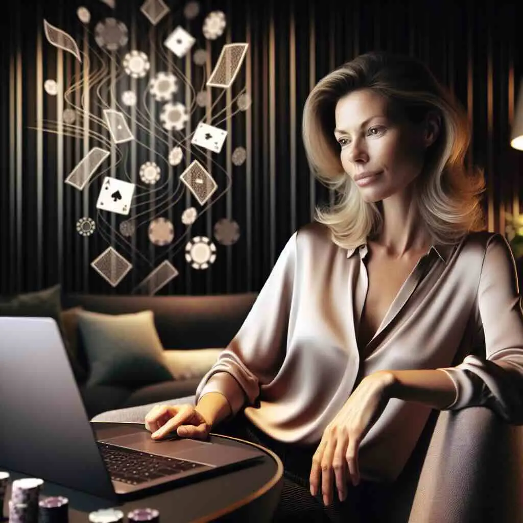 Enthusiastic woman in Australia celebrates online casino win with bonus funds visible