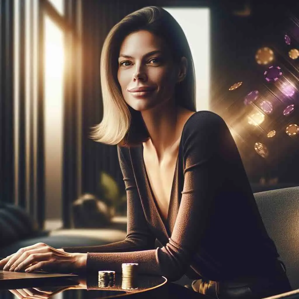 Smiling woman in Australia holds phone displaying online casino free spins offer