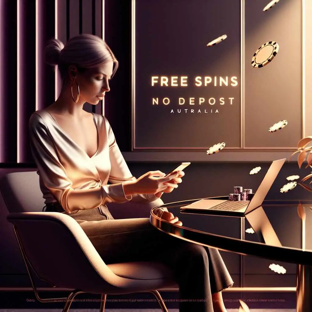 Aussie woman smiles, holding phone, online casino game with free spins bonus is visible