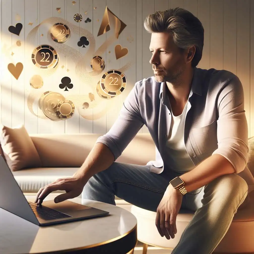 Aussie woman smiles, playing pokies on her phone with celebratory graphics overlayed.