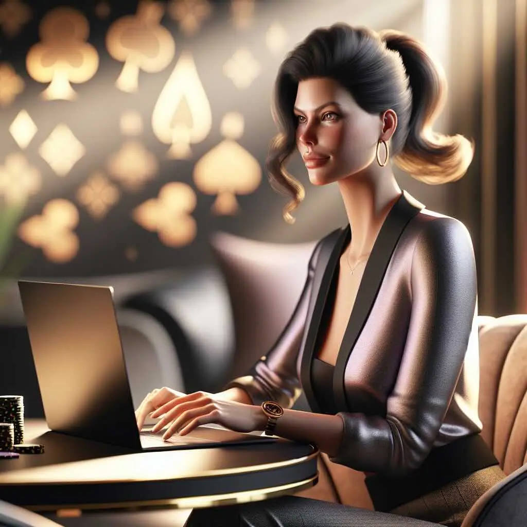 Aussie woman smiling while playing online pokies on her phone, celebrating a win