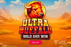 Ultra Buffalo Hold and Win slot game logo with a buffalo and desert background by Booming Games.