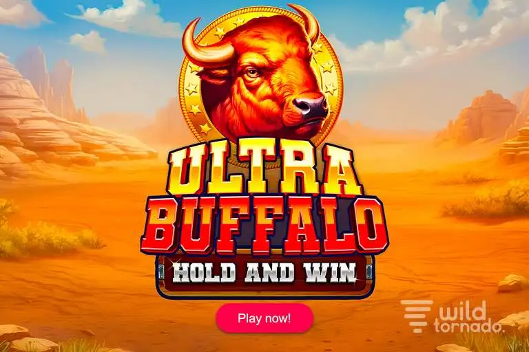 Ultra Buffalo Hold and Win slot game logo with a buffalo and desert background by Booming Games.