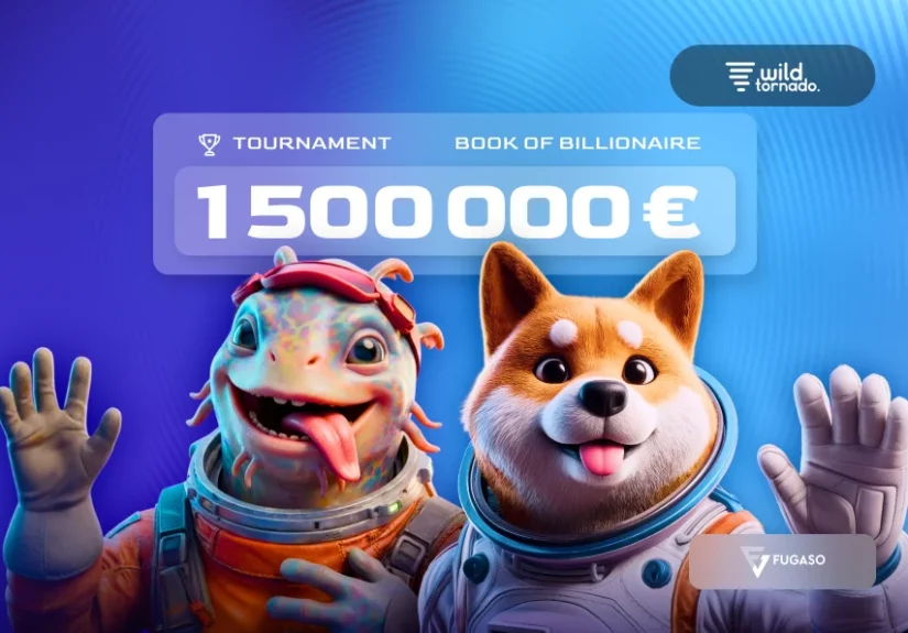 Fugaso Book of Billionaire slot tournament banner with WildTornado logo and €1.5M prize pool