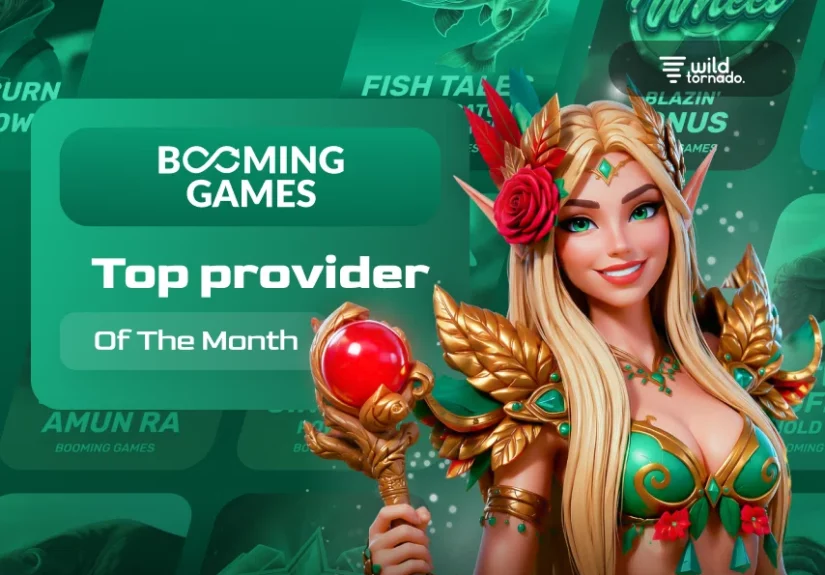 Booming Games featured as WildTornado's Top Provider of July 2026 with colorful online slot machines and casino-themed graphics
